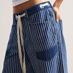 Blue Casual Women's Boho Vacation Woven Denim Striped Loose Pants
